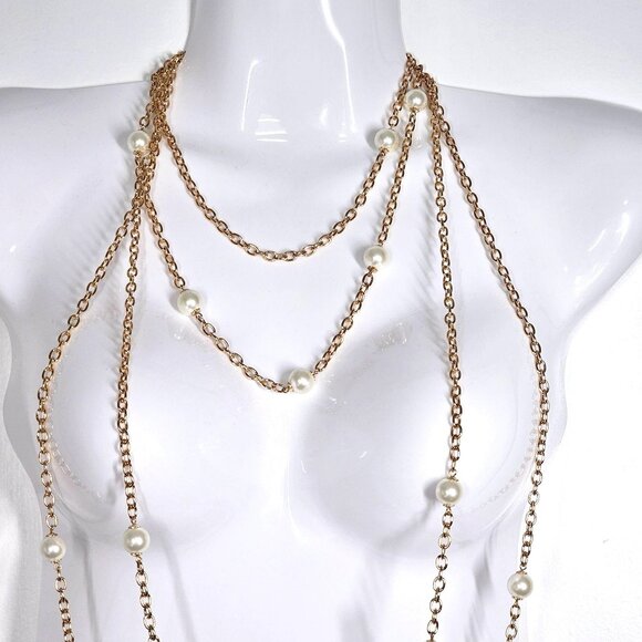 NWT Kenneth Jay Lane Gold-Tone Multi-Strand Chain Necklace Faux Pearls 22" in - Picture 2 of 8